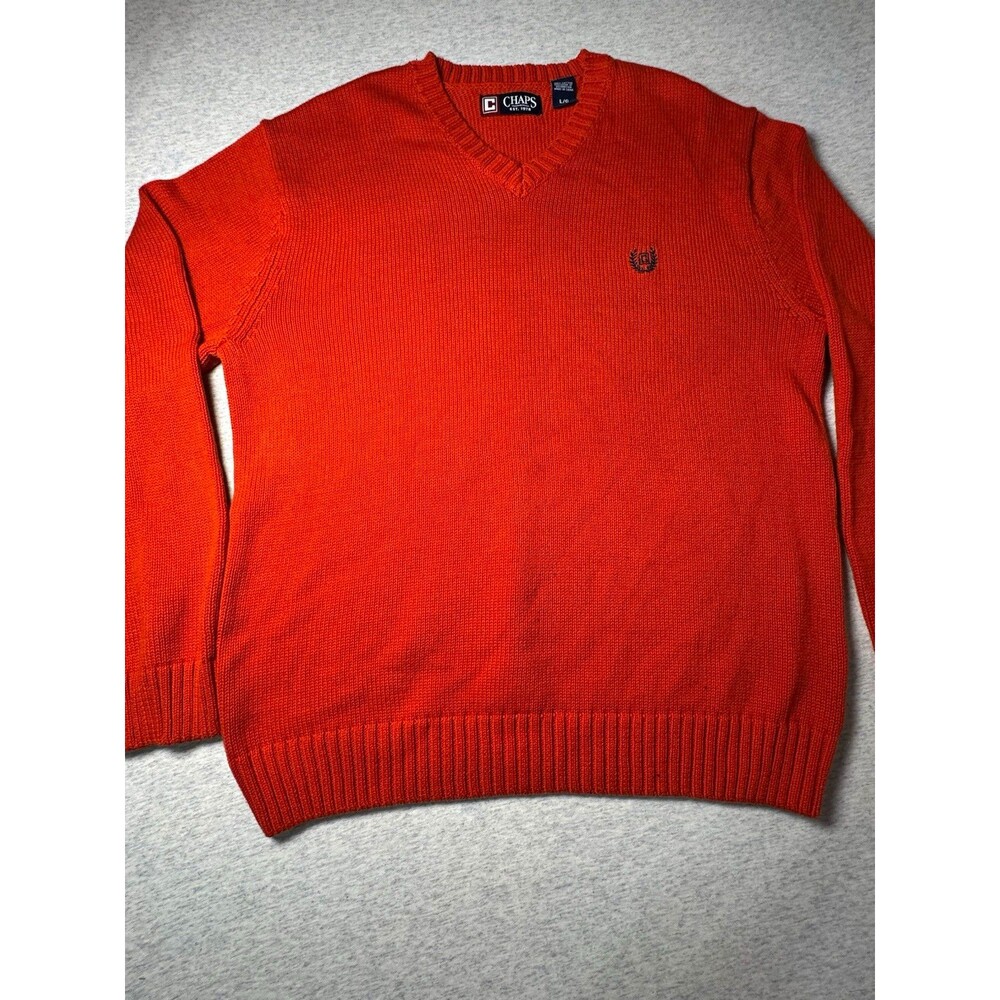 Chaps Men's Orange Knit Cotton V-Neck Pullover Sweater Embroidered Logo, L